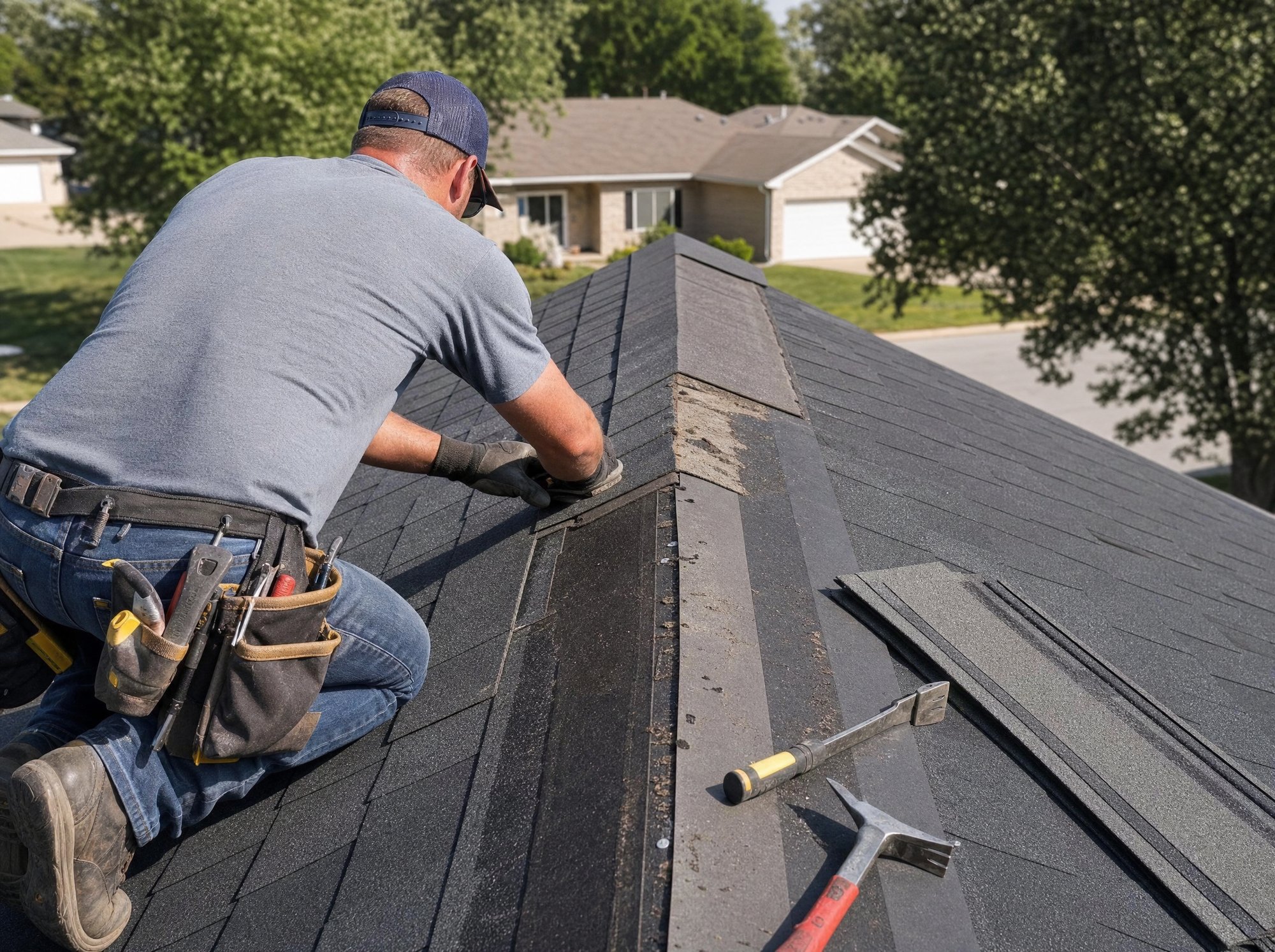 Professional roof repair underway on a home in Warsaw, MO
