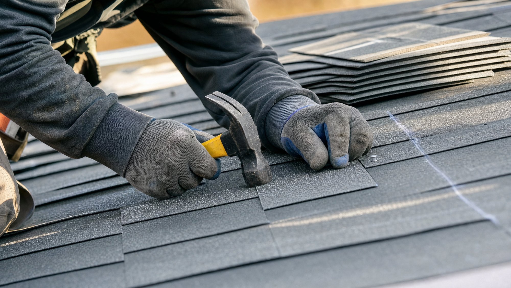 Close-up of premium architectural shingles being installed by a roofing professional