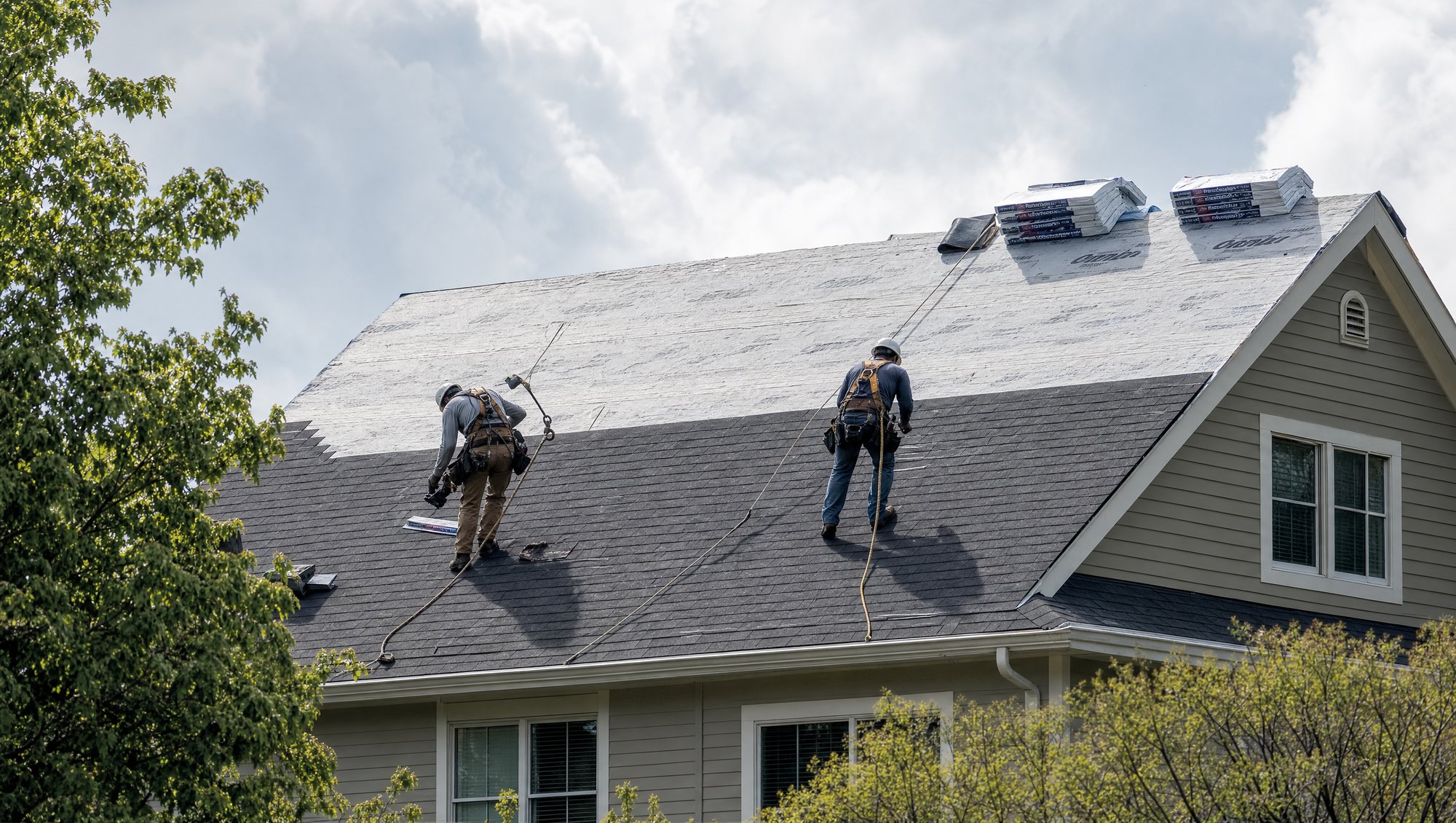 Roofing crew on a residential roof installing new shingles with safety equipment