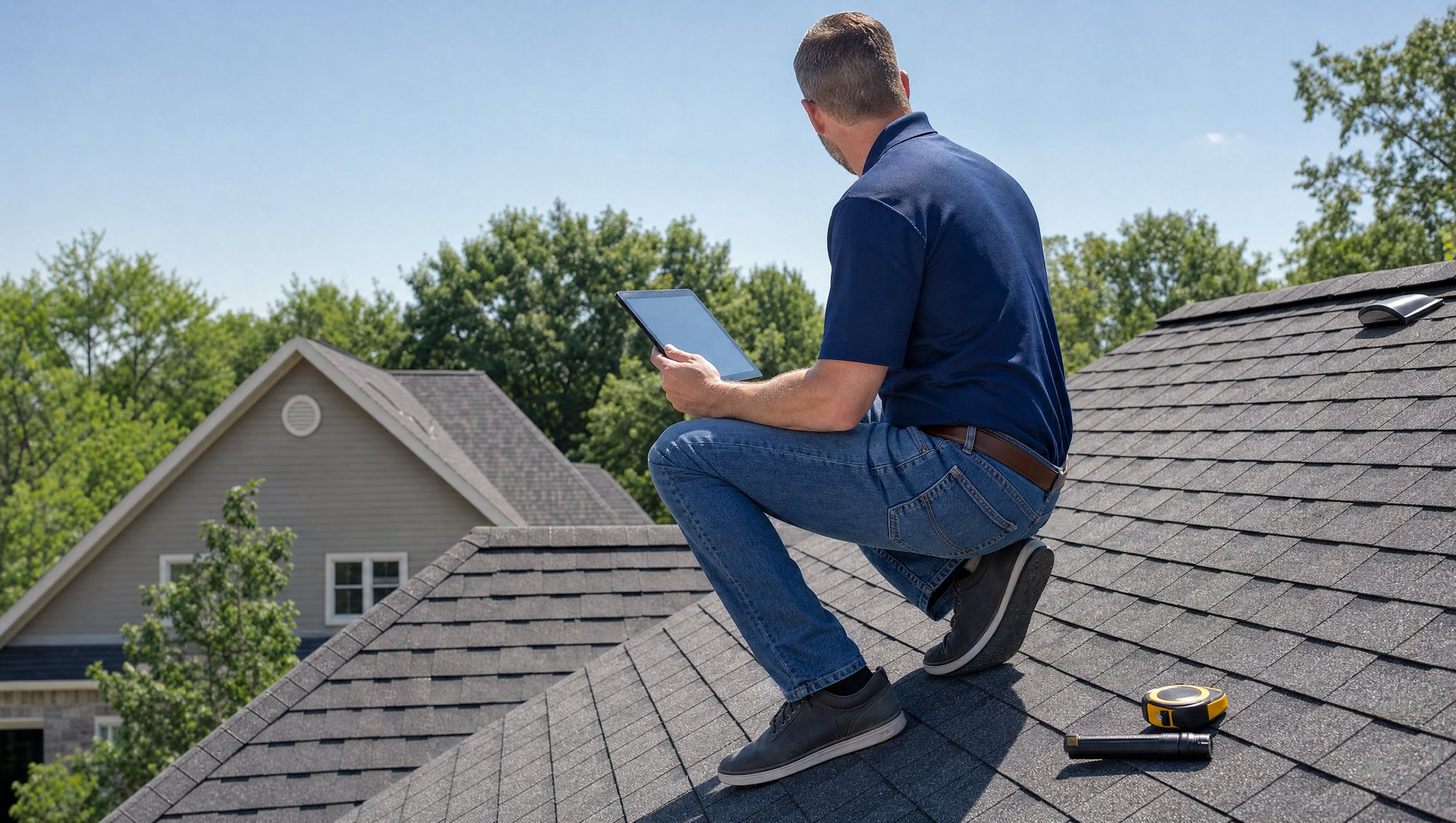 Professional roofing inspector documenting roof condition with tablet on a residential home