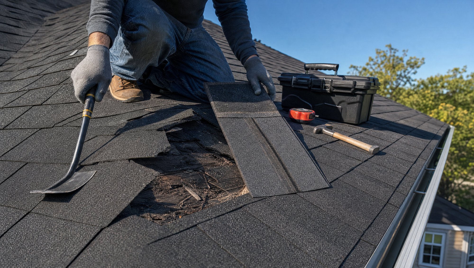 Roofing professional repairing damaged shingles on a residential roof in Sedalia, Missouri